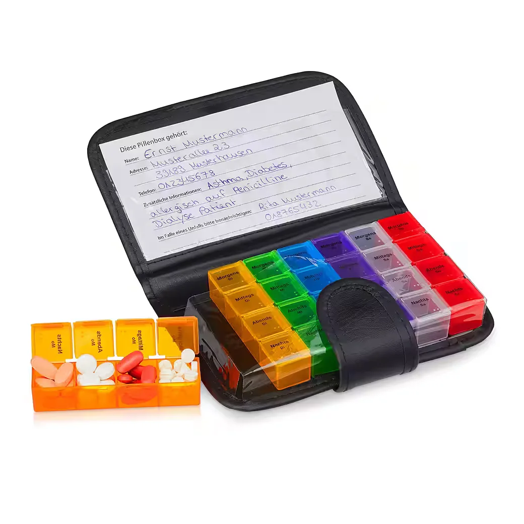 Relaxdays Pillendose Tablettenbox 7 Tage mit Etui Wochendosierer