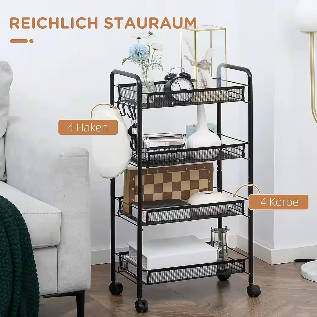 BLINGBIN Küchenwagen mit Rollen, 4 Körbe, 4 Haken, Stahl, Schwarz