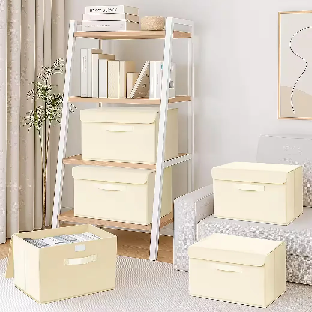 LUXUSKOLLEKTION Aufbewahrungsboxen mit Deckel Stoff 2 Stück lichtbeige