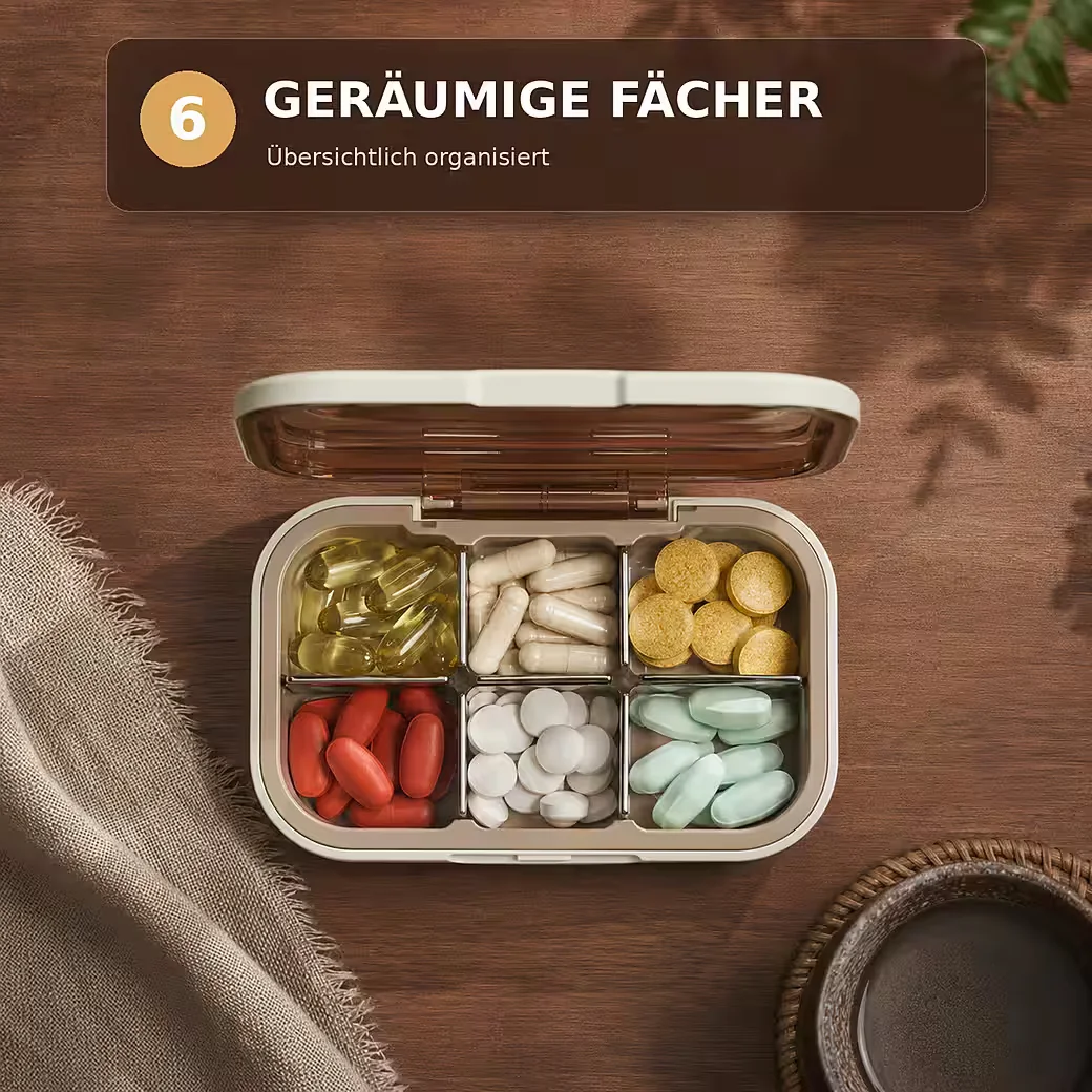 LUCKICE Pillendose, tragbare Pillenbox mit 6 Fächern, BPA-frei