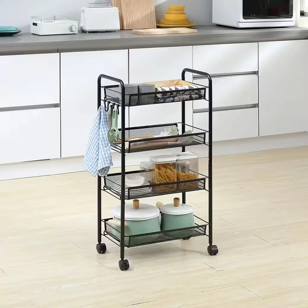 BLINGBIN Küchenwagen mit Rollen, 4 Körbe, 4 Haken, Stahl, Schwarz