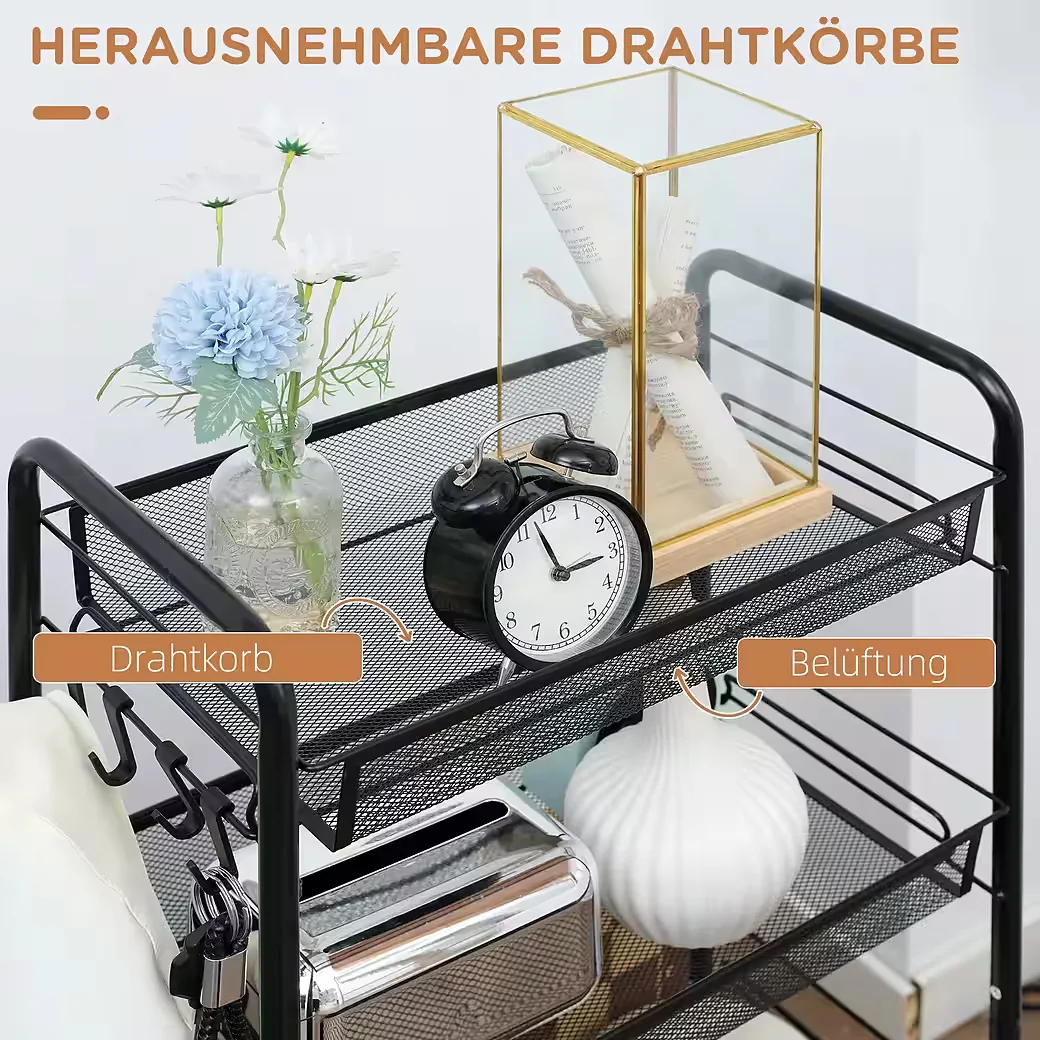 BLINGBIN Küchenwagen mit Rollen, 4 Körbe, 4 Haken, Stahl, Schwarz