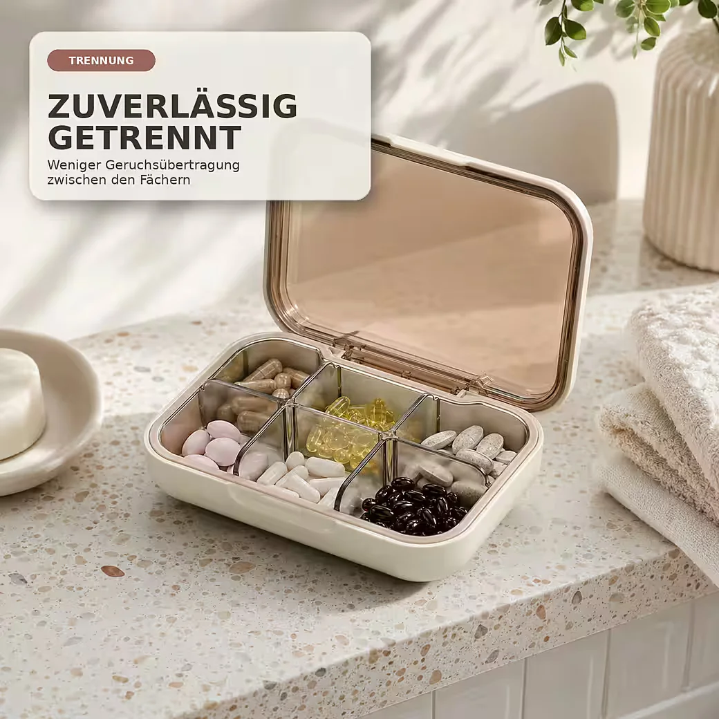 LUCKICE Pillendose, tragbare Pillenbox mit 6 Fächern, BPA-frei