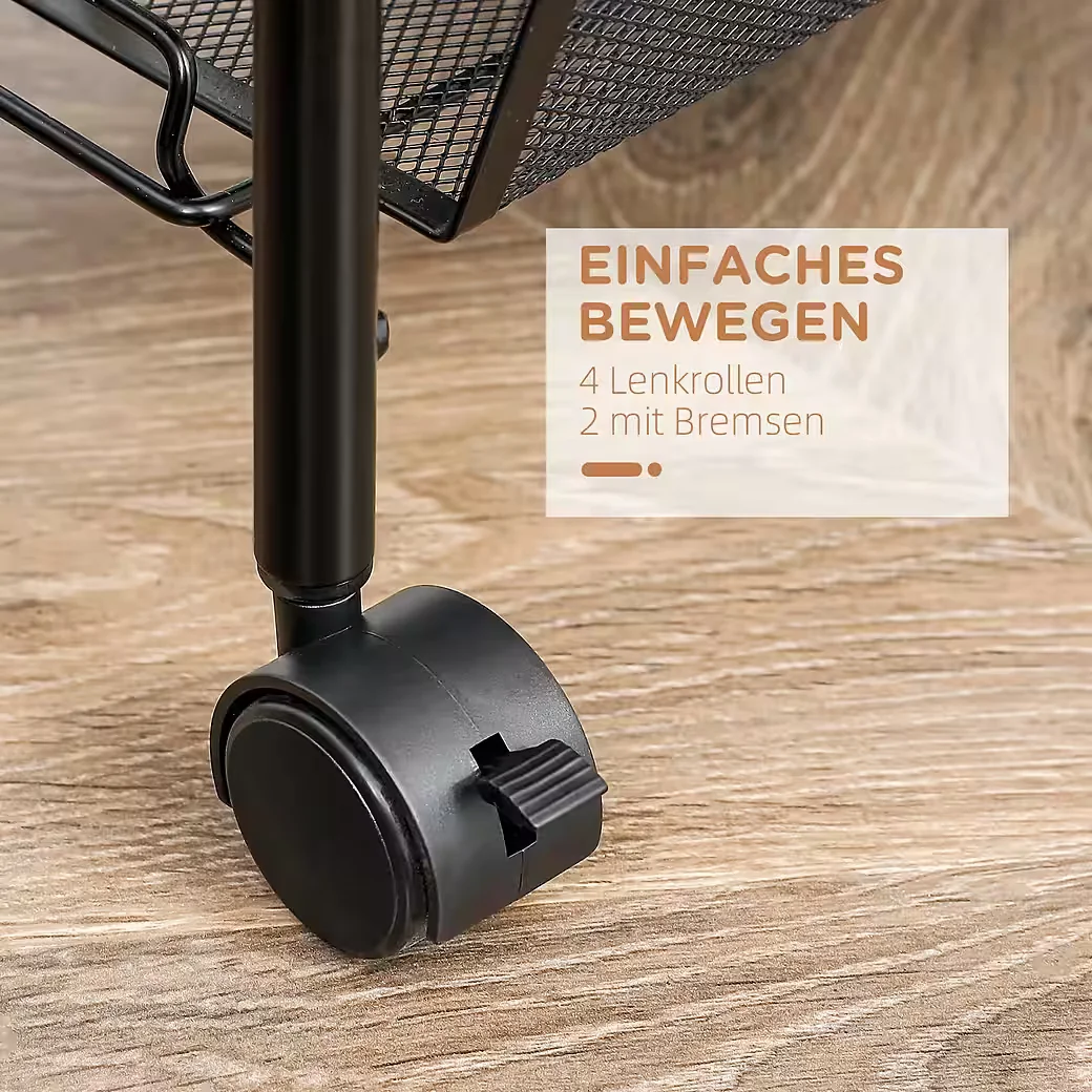 BLINGBIN Küchenwagen mit Rollen, 4 Körbe, 4 Haken, Stahl, Schwarz